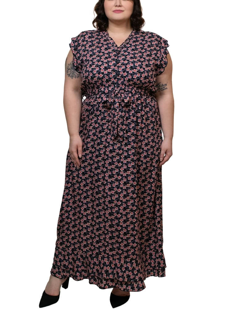 Front of a model wearing a size 1X Kiara Maxi Dress Floral Print Frilled V-Neckline in Navy by ANNICK. | dia_product_style_image_id:294815